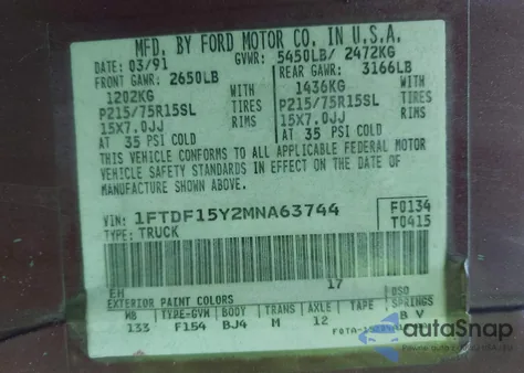 1991 Ford F150 z USA, uszkodzony, nr VIN 1FTDF15Y2MNA63744